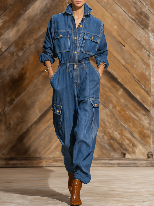 Vintage Street Style Lapel Multi-pocket Workwear Denim Jumpsuit