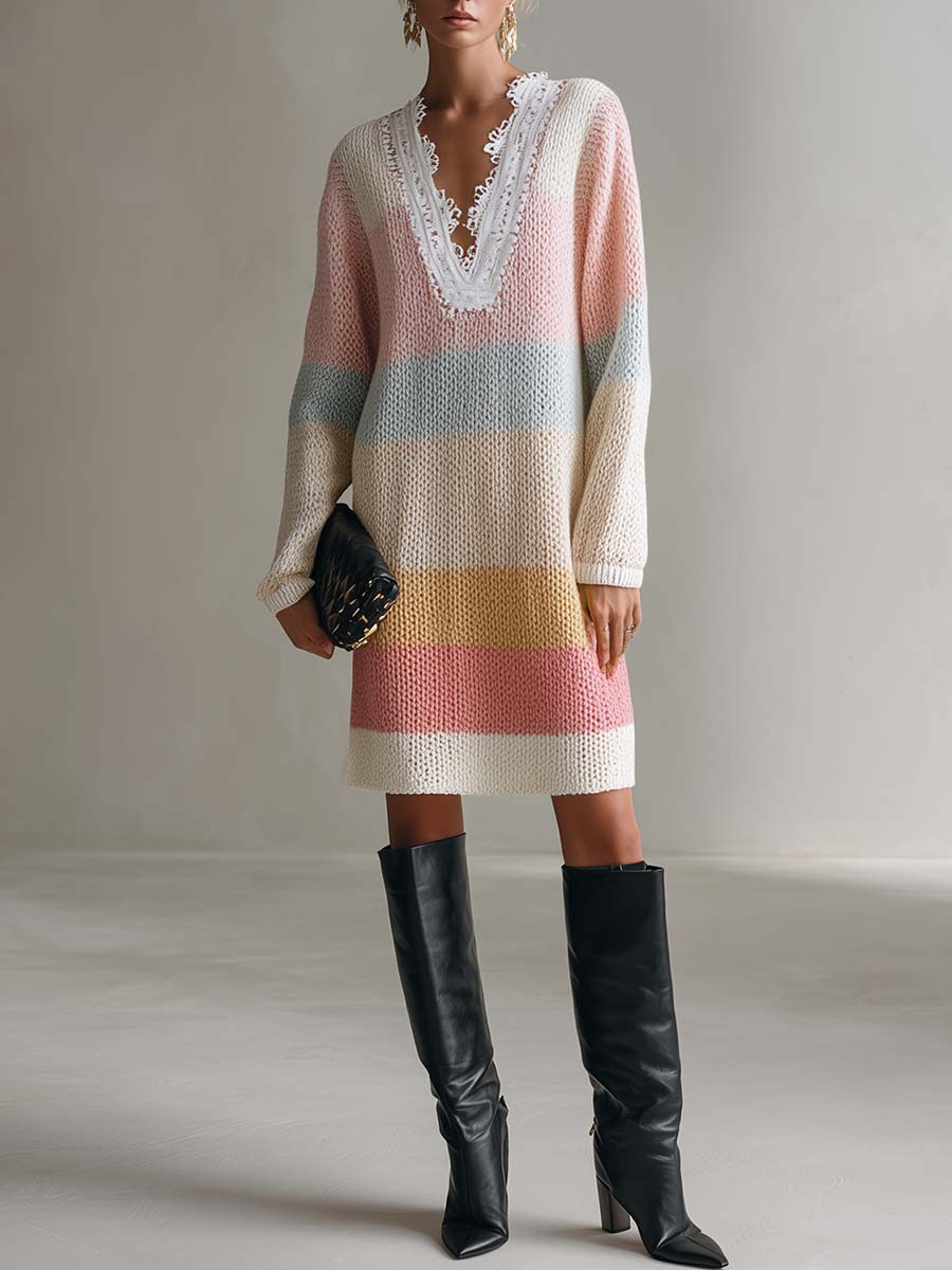 Vintage Fashion Lace V-neck Colorful Striped Color-blocked Knit Mini Dress