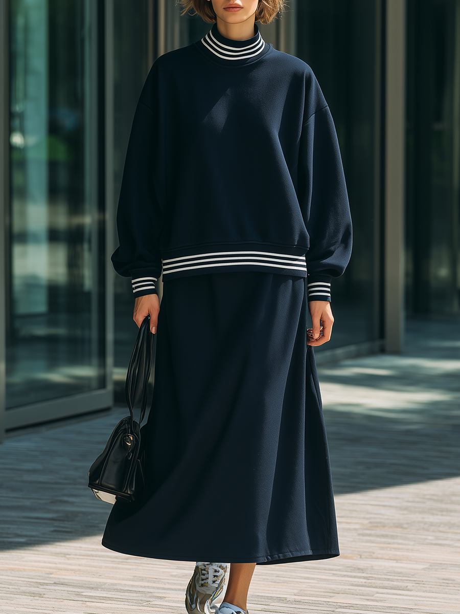 Retro Sport Crew Neck Sweatshirt And Skirt Set