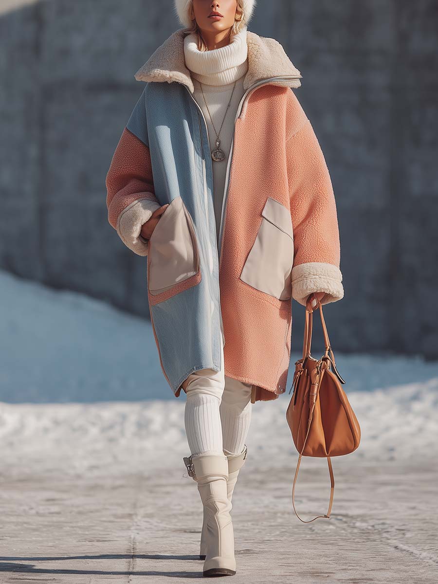 Fashion Outdoor Light Blue Denim And Lotus Pink Polar Fleece Contrast Coat
