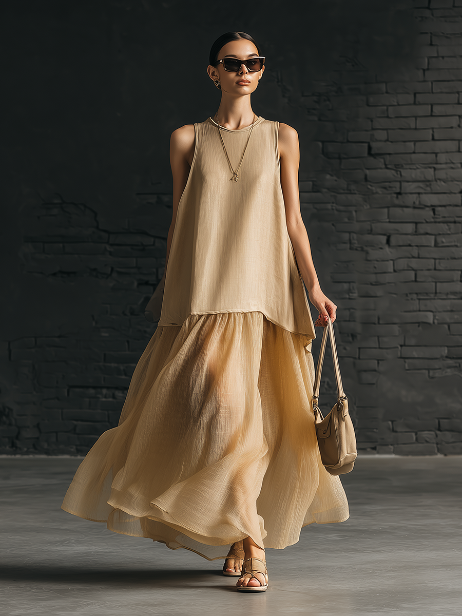 Retro-Chic Sleeveless Round-Neck Spliced Chiffon Hem Beige Cotton Maxi Dress