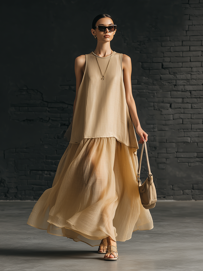 Retro-Chic Sleeveless Round-Neck Spliced Chiffon Hem Beige Cotton Maxi Dress