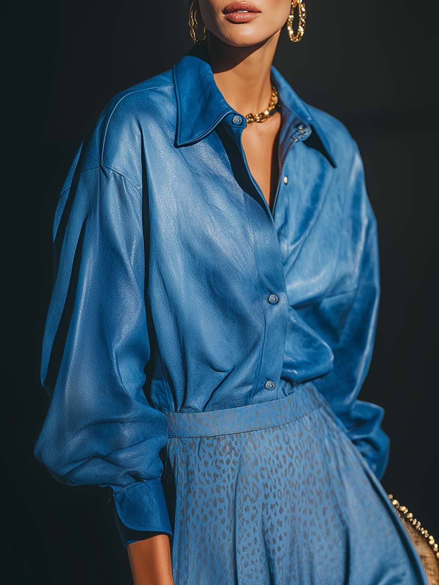 High-fashion Blue Textured-leather Shirt