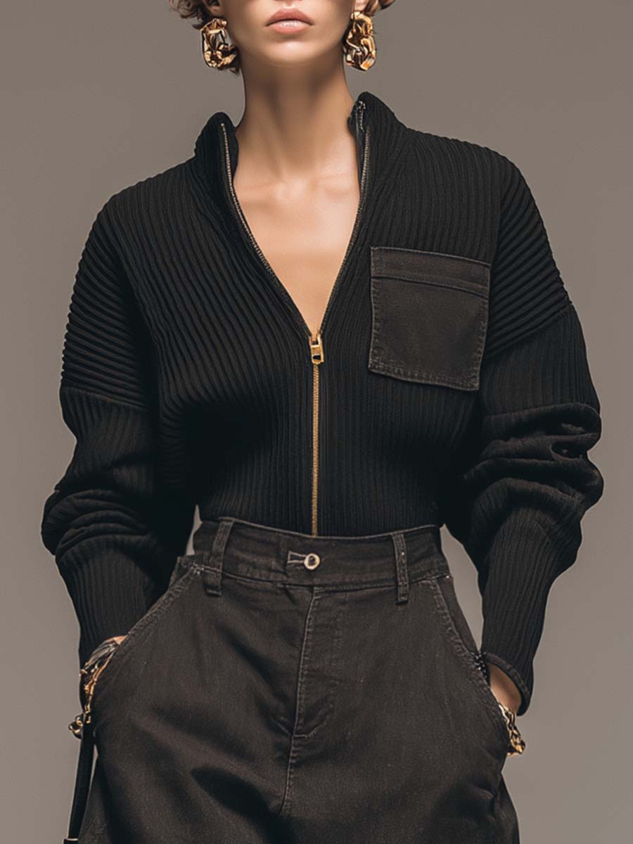 Relaxed Urban Stand-up Collar Front Zipper Denim Patch Pocket Black Knitted Sweatshirt
