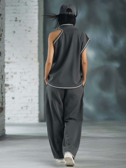 Casual Athletic Workwear Style Stand-up Collar One-shoulder Gray Cotton Top And Pants Set