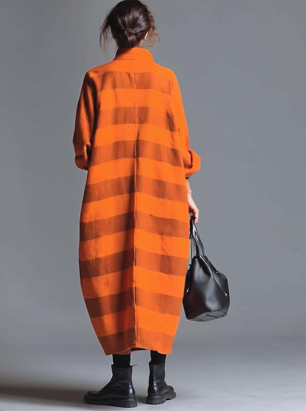Vintage Fashion Ultra Loose V-neck Large Pockets Orange And Brown Wide Striped Maxi Dress