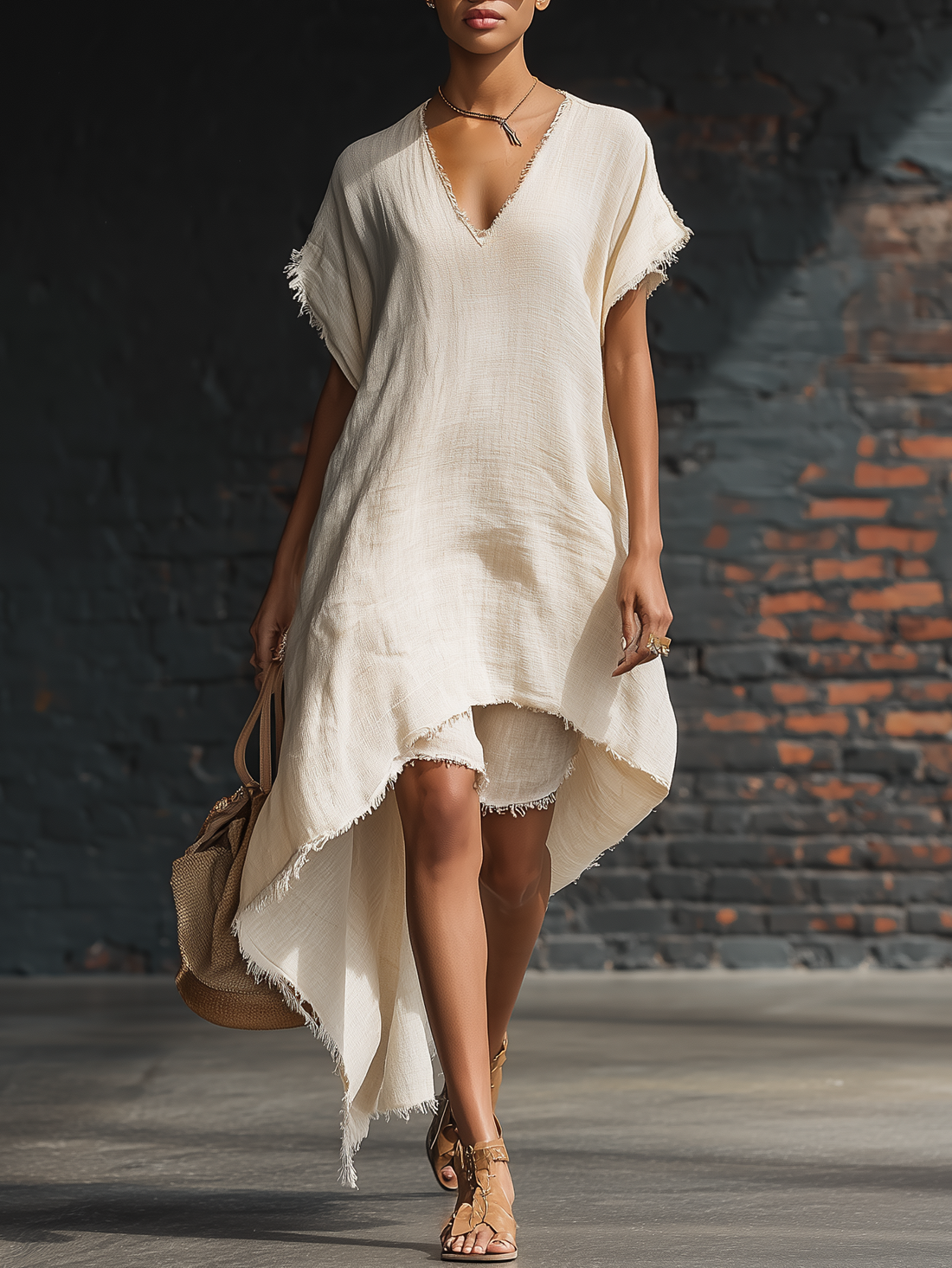 Stylish Minimalist V-Neck Short-Sleeve Asymmetrical Hem Frayed Trim Dress And Shorts White Cotton-Linen Set