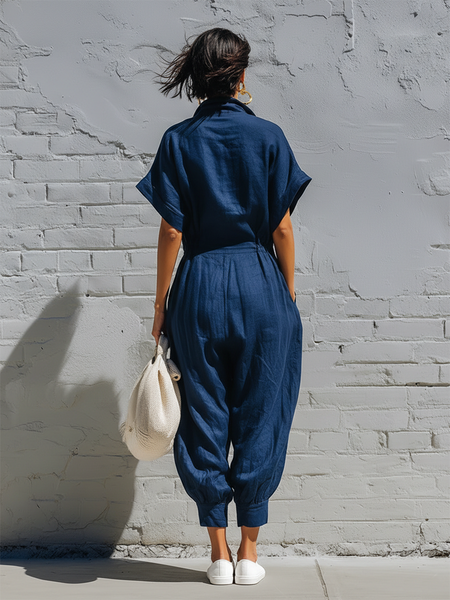 Stylish Simple Loose-fitting Short-sleeved Collared Front-button Cotton Blue Jumpsuit