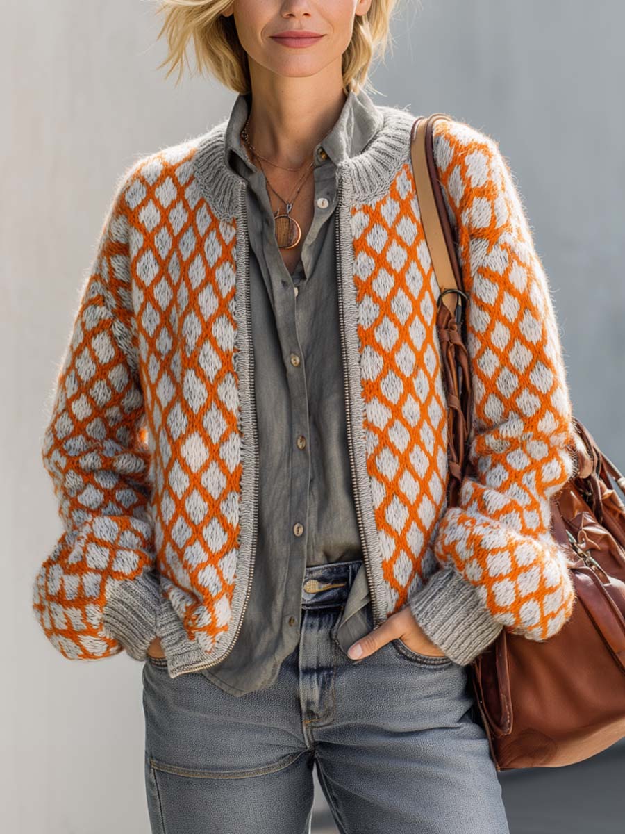 Retro Fashion All-match Front Zipper Orange Diamond Check Knitted Cardigan