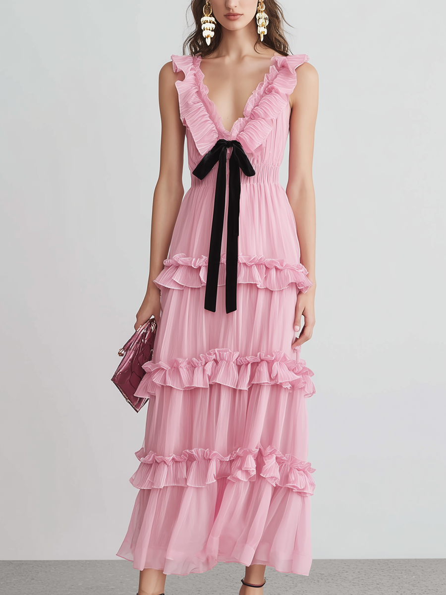 Casual And Fashionable Pink Chiffon Sleeveless With Ruffle Details And Black Tie Up Straps Midi Dress