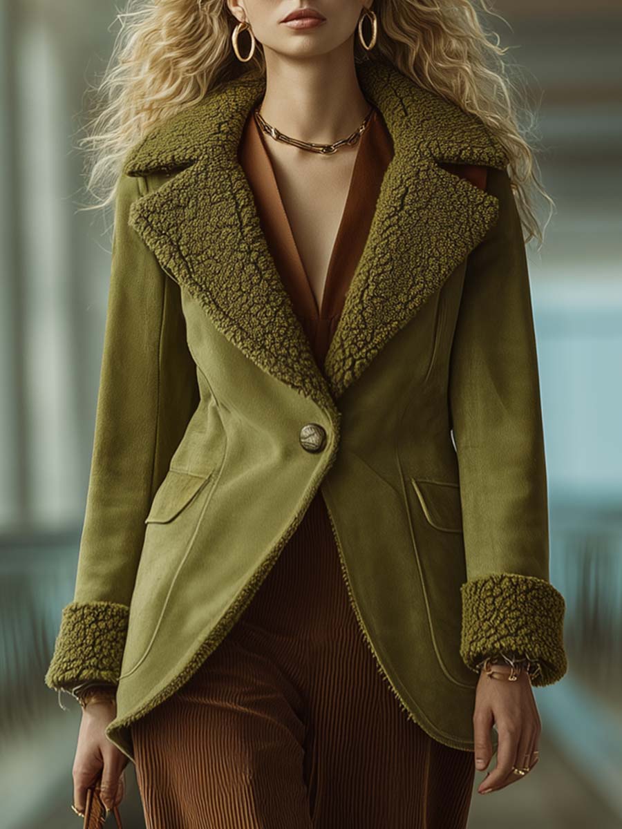 Retro Fashion Large Lapel One-button Bean Green Faux Suede Coat Jacket