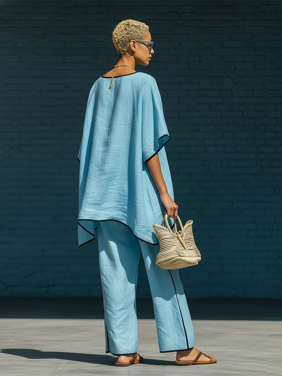 Stylish Simple Loose-fitting Short-sleeved Irregular Hem Top And Wide-leg Pants Blue Cotton Set
