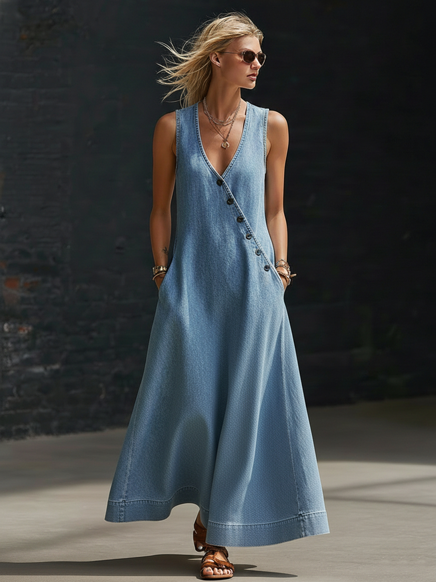 Retro-style Sleeveless V-neck Diagonally Buttoned Blue Denim Maxi Dress