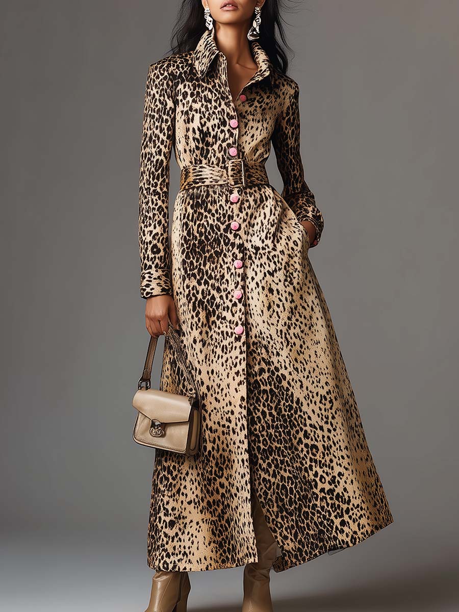 Temperament Fashion Lapel Pink Front Buckle Beige And Brown Leopard Print Satin Maxi Dress