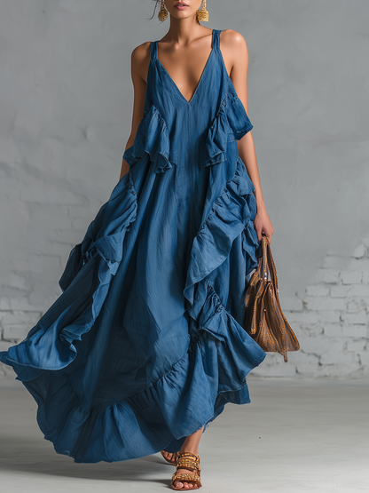 Stylish Simple Loose-fitting Sleeveless V-neck Strap Ruffle Blue Cotton Maxi Dress