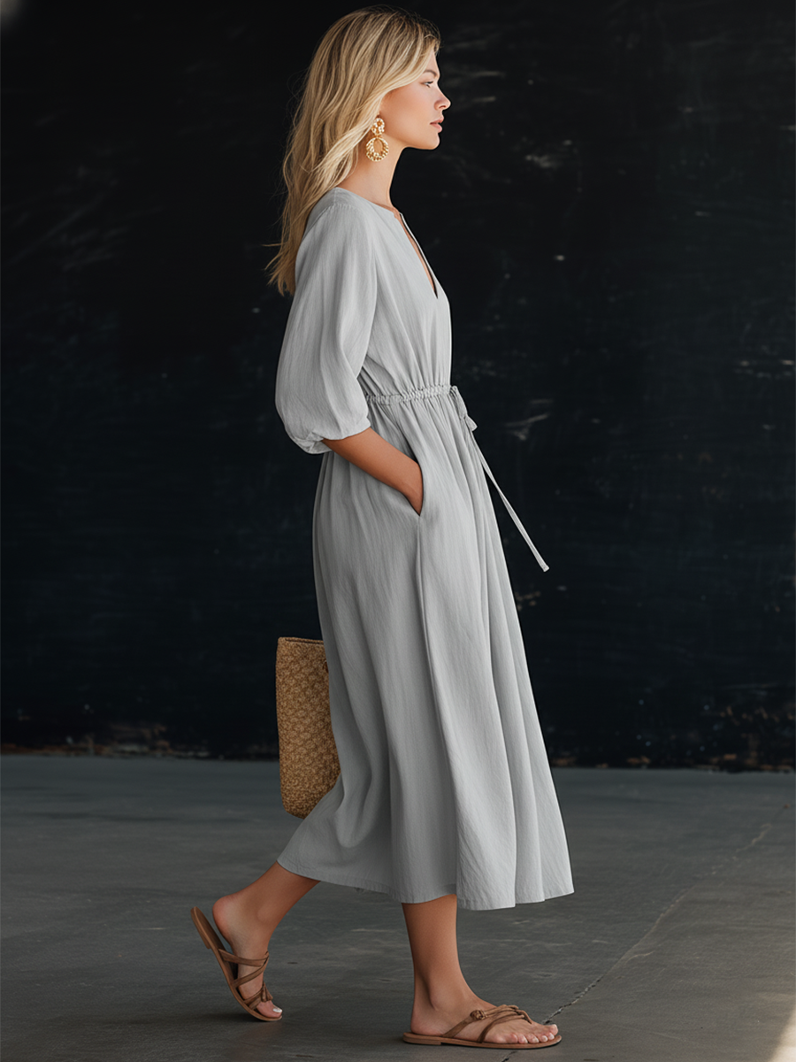Retro Chic Grey Cotton-linen V-neck Drawstring Short Sleeved Midi Dress