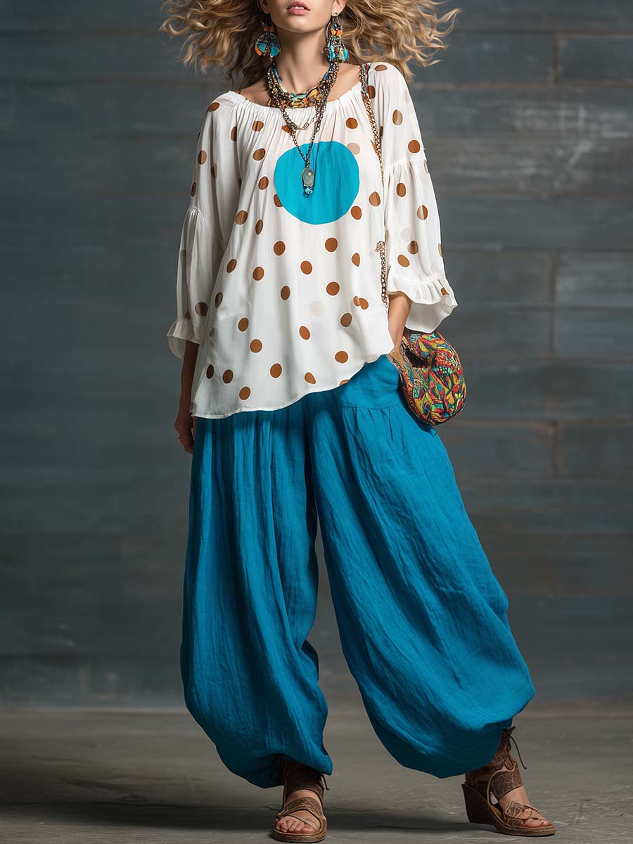 Retro Casual Urban Polka Dot Chiffon Top And Blue Cotton Linen Pants Set