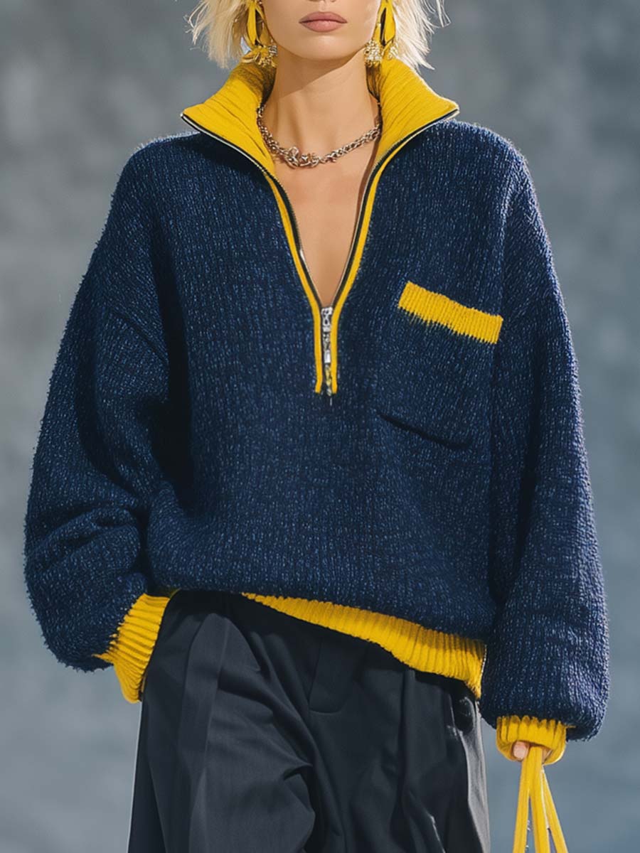 Retro Exquisite Sporty Yellow Contrast Lapel Front Zipper Dark Blue Knitted Pullover Top