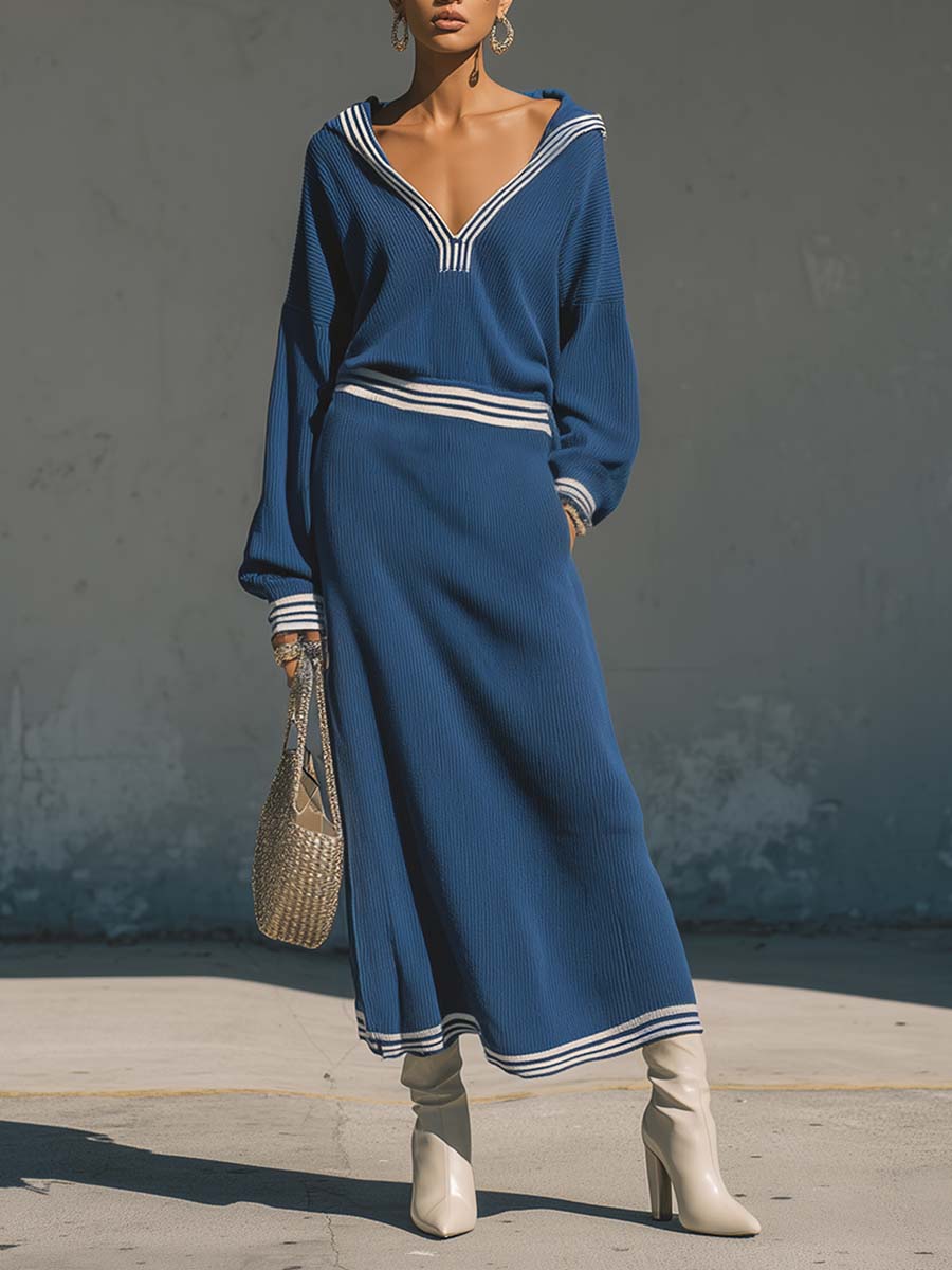 Retro Fashion Urban Sports V-neck Hooded Contrast Striped Blue Knitted Maxi Dress