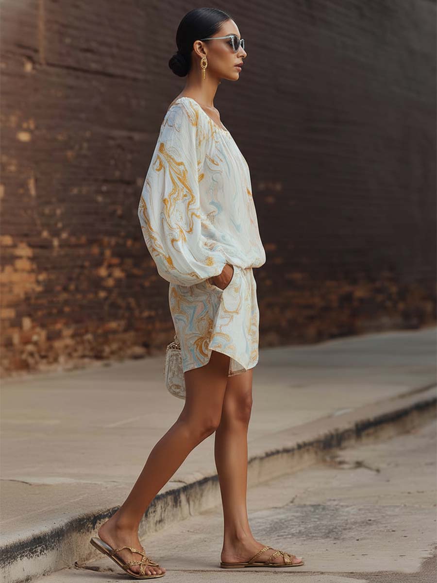 Elegant Urban Print White Chiffon Set