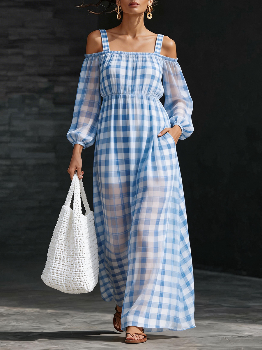 Retro Blue Plaid Chiffon Print Off Shoulder Maxi Dress