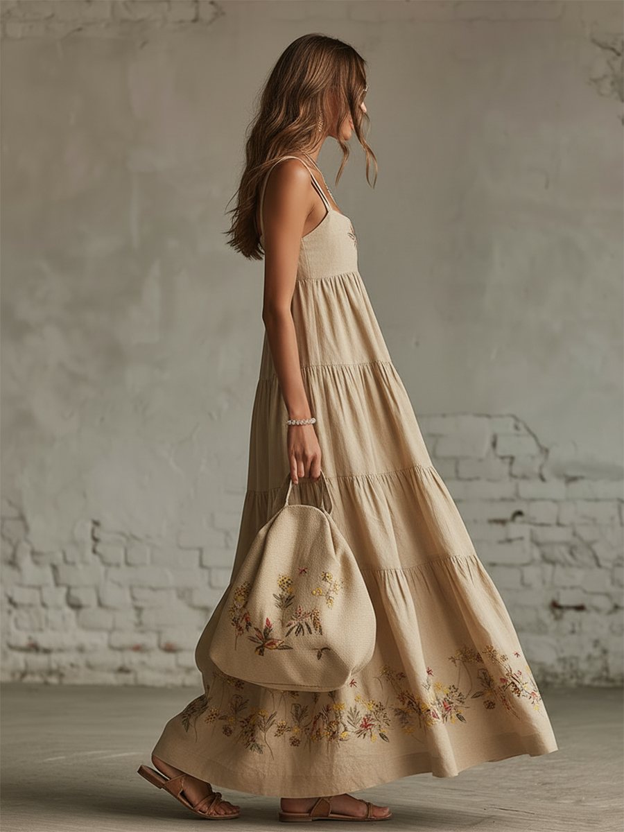 Vintage-style Sleeveless Strap Floral Embroidery Layered Hem Beige Linen Maxi Dress