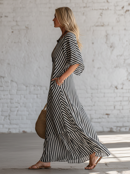 Urban Black Chiffon Striped Print Off Shoulder Maxi Dress