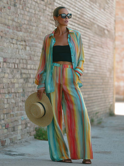 Retro Casual Loose Rainbow Striped Print Chiffon Shirt And Pants Set