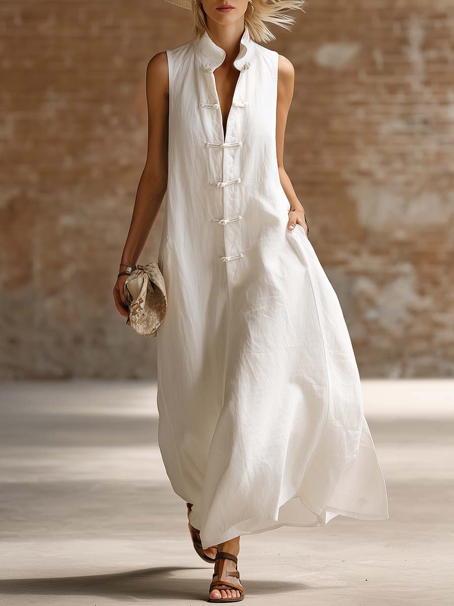 Retro Casual Urban Front-opening Button White Cotton Linen Maxi Dress