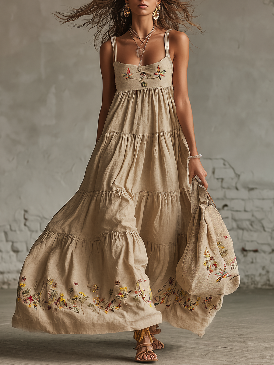 Vintage-style Sleeveless Strap Floral Embroidery Layered Hem Beige Linen Maxi Dress