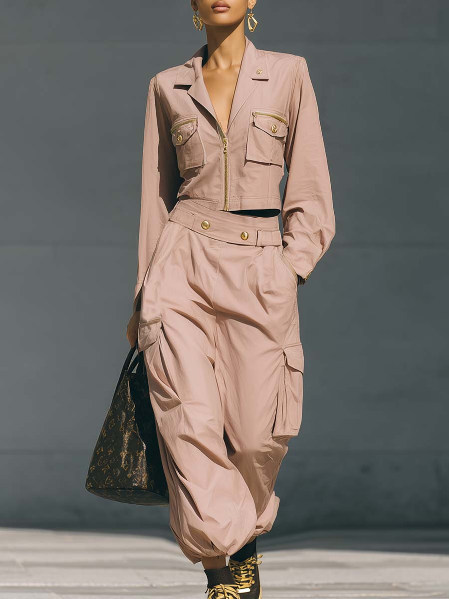 Exquisite Casual Sporty Pink V-neck Front Zipper Jacket And Cargo Pocket Pants Set