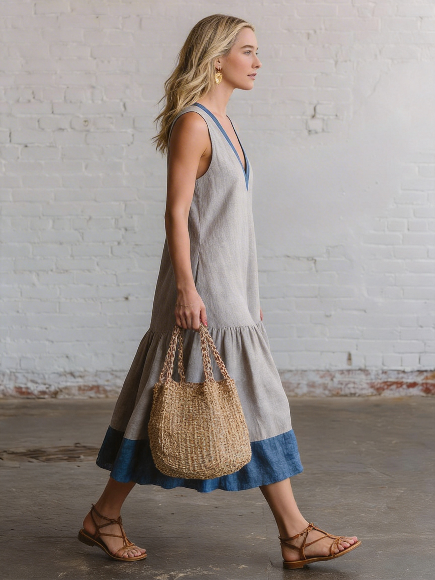 Casual Grey Cotton Linen V-neck Sleeveless With Blue Trim  Midi Dress