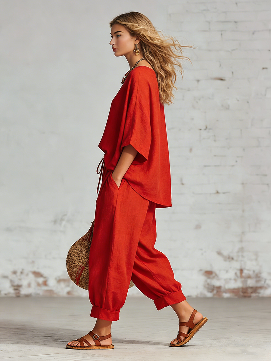 Casual Red Cotton And Linen Batwing Sleeve Top And Wide Leg Pants Set