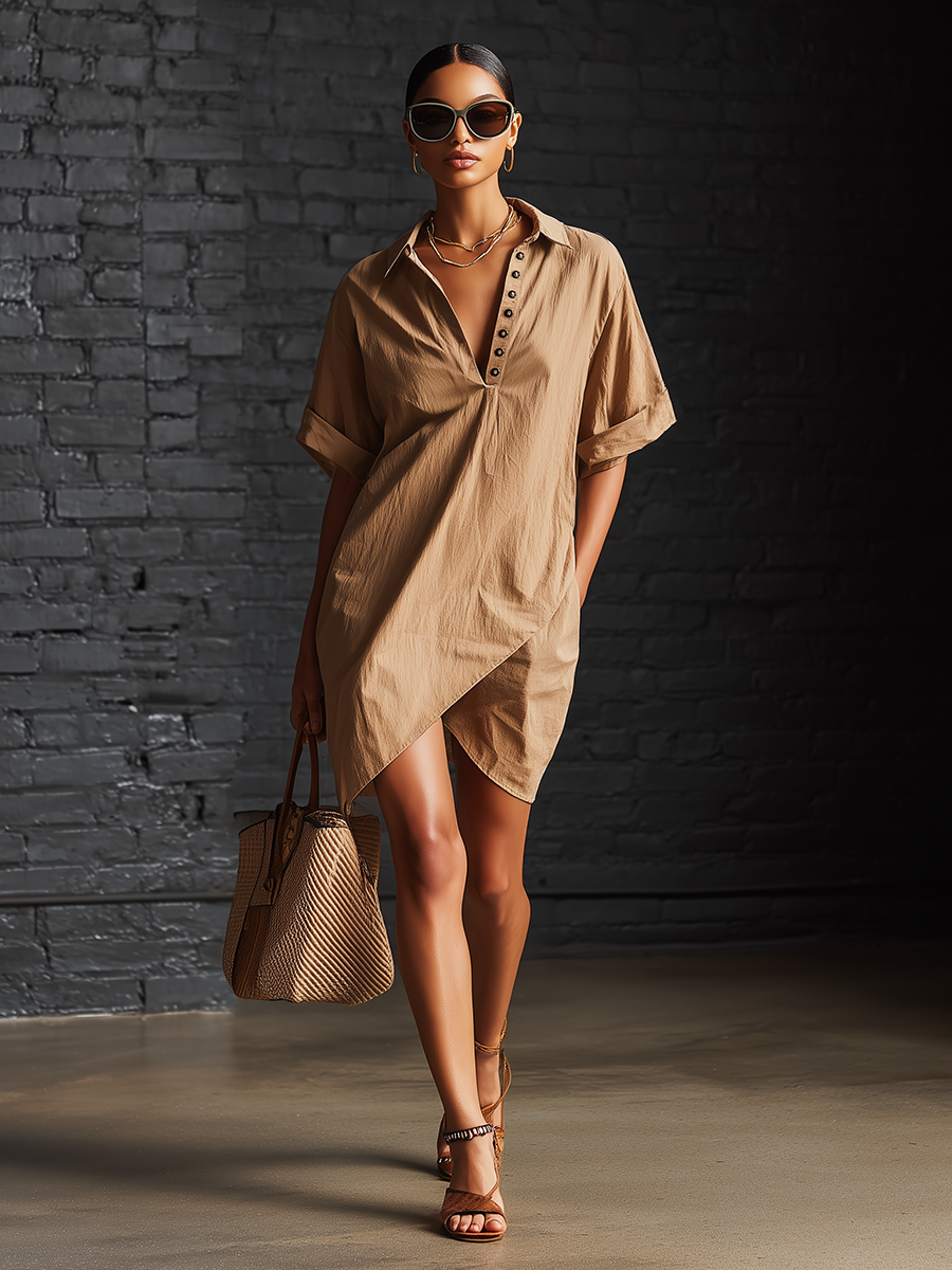 Stylish Simple Short-Sleeve Polo-Collar Front Buttons Asymmetrical Hem Brown Cotton Mini Dress