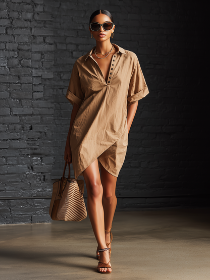 Stylish Simple Short-Sleeve Polo-Collar Front Buttons Asymmetrical Hem Brown Cotton Mini Dress