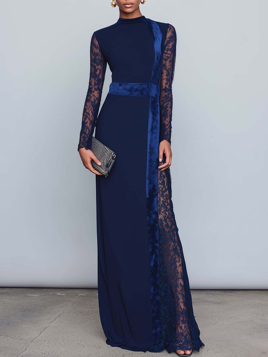 Retro Elegant Round Neck Velvet And Lace Trimmed Dark Blue Stretch Cotton Maxi Dress