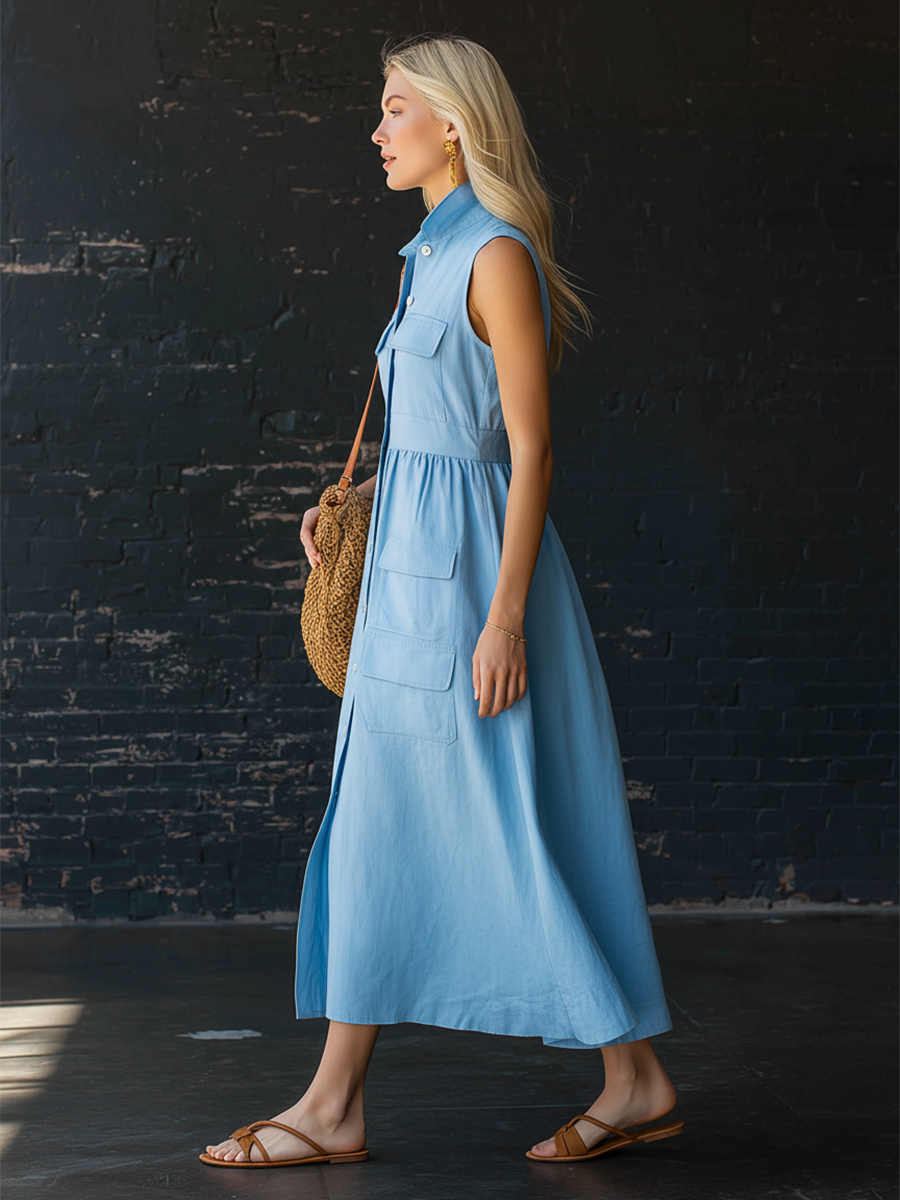 Urban Blue Cotton Linen Collared Button Up Multi Pocket Sleeveless Midi Dress