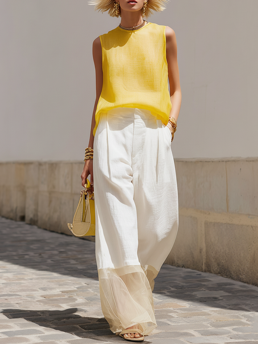 Casual Yellow Sleeveless Cotton Linen Top And White Wide Leg Pants Set