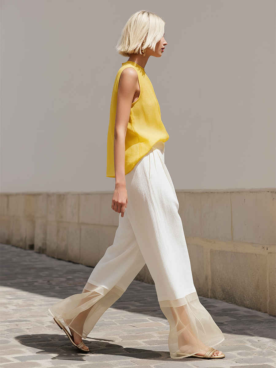 Casual Yellow Sleeveless Cotton Linen Top And White Wide Leg Pants Set