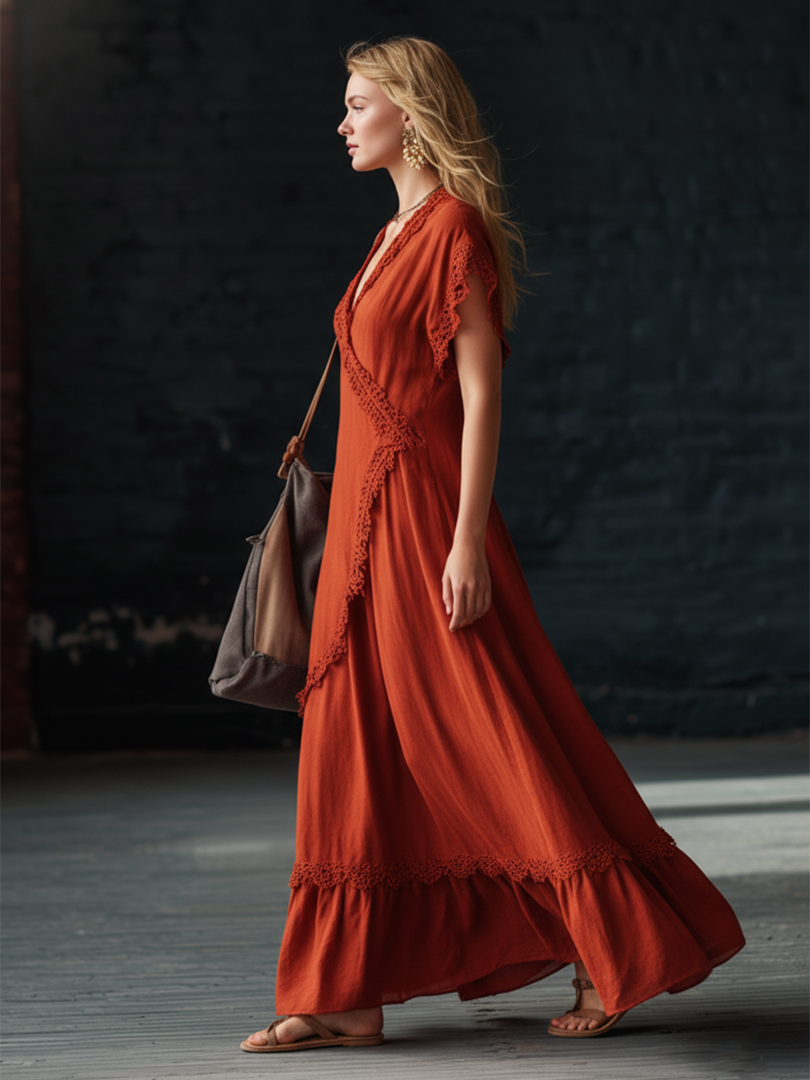 Retro Red Cotton Linen V-neck Short Sleeved Ruffled Lace Patchwork Maxi Dress