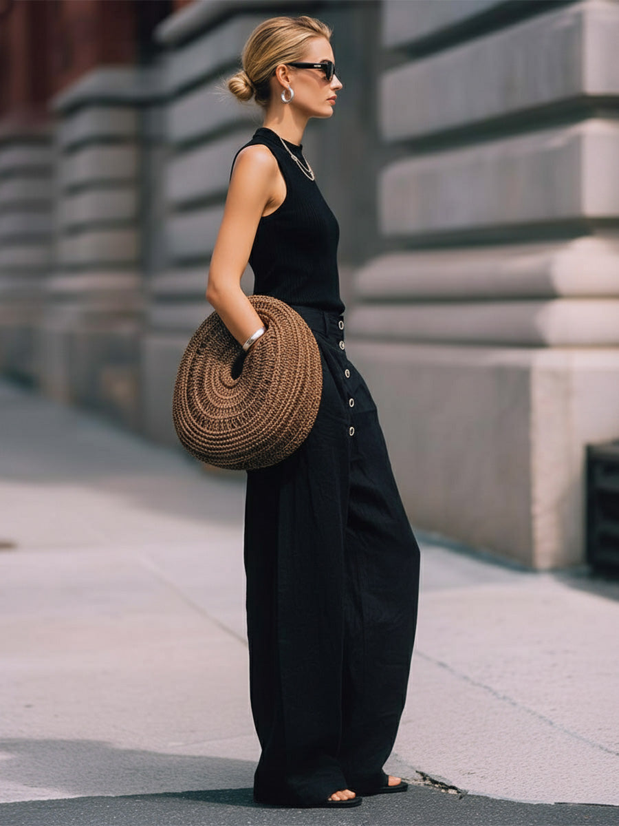 Retro Urban Black Knit Vest And Cotton-linen Pants Set