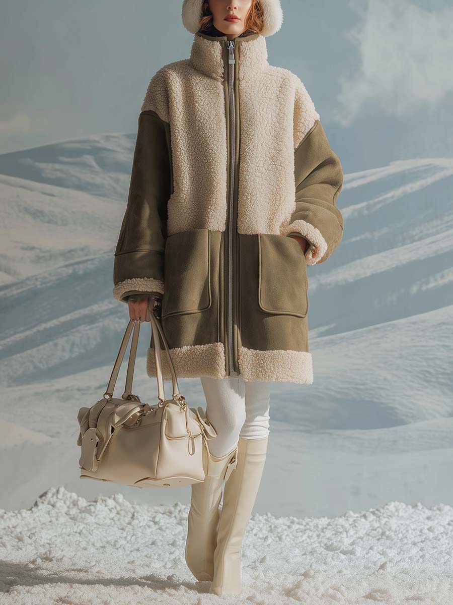 Vintage Simple Western Outdoor Lapel Front Zipper Beige Polar Fleece Splicing Gray-green Suede Coat