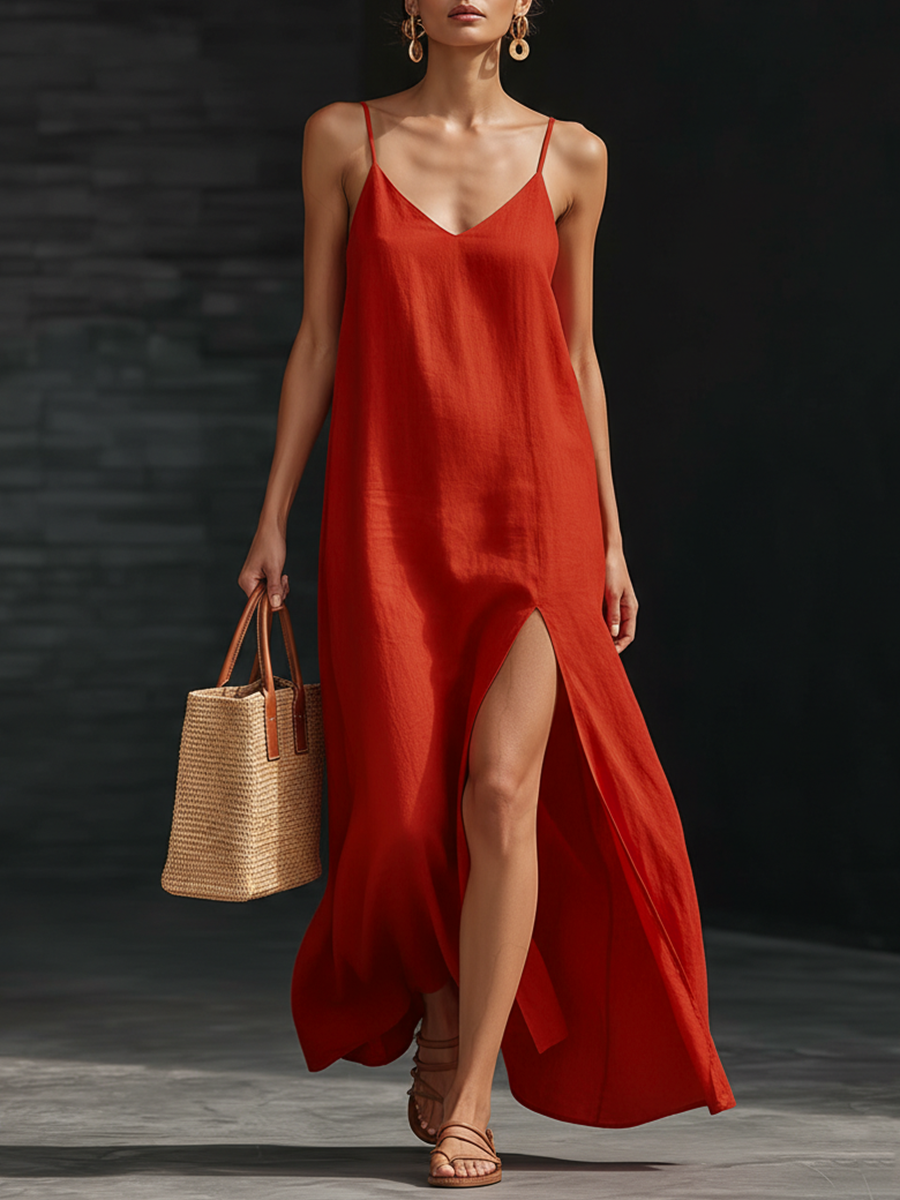 Casual And Stylish Urban Red Cotton And Linen Camisole With Slits Maxi Dress