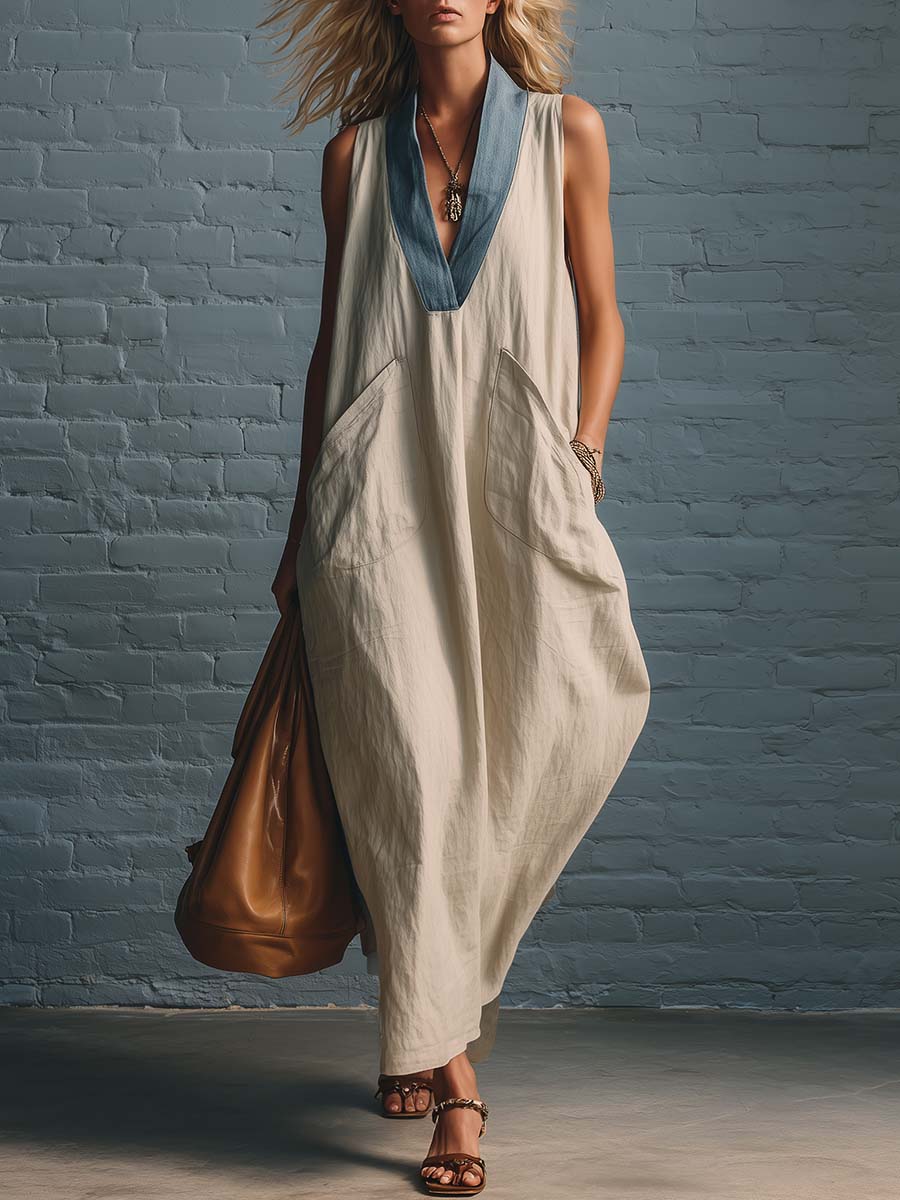 Casual Urban Color-blocked V-neck Beige Cotton Linen Maxi Dress