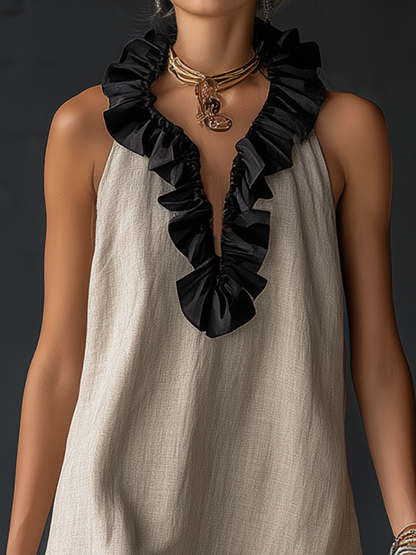 Stylish Simple Sleeveless Color-blocked Ruffled V-neck Cotton Linen Maxi Dress