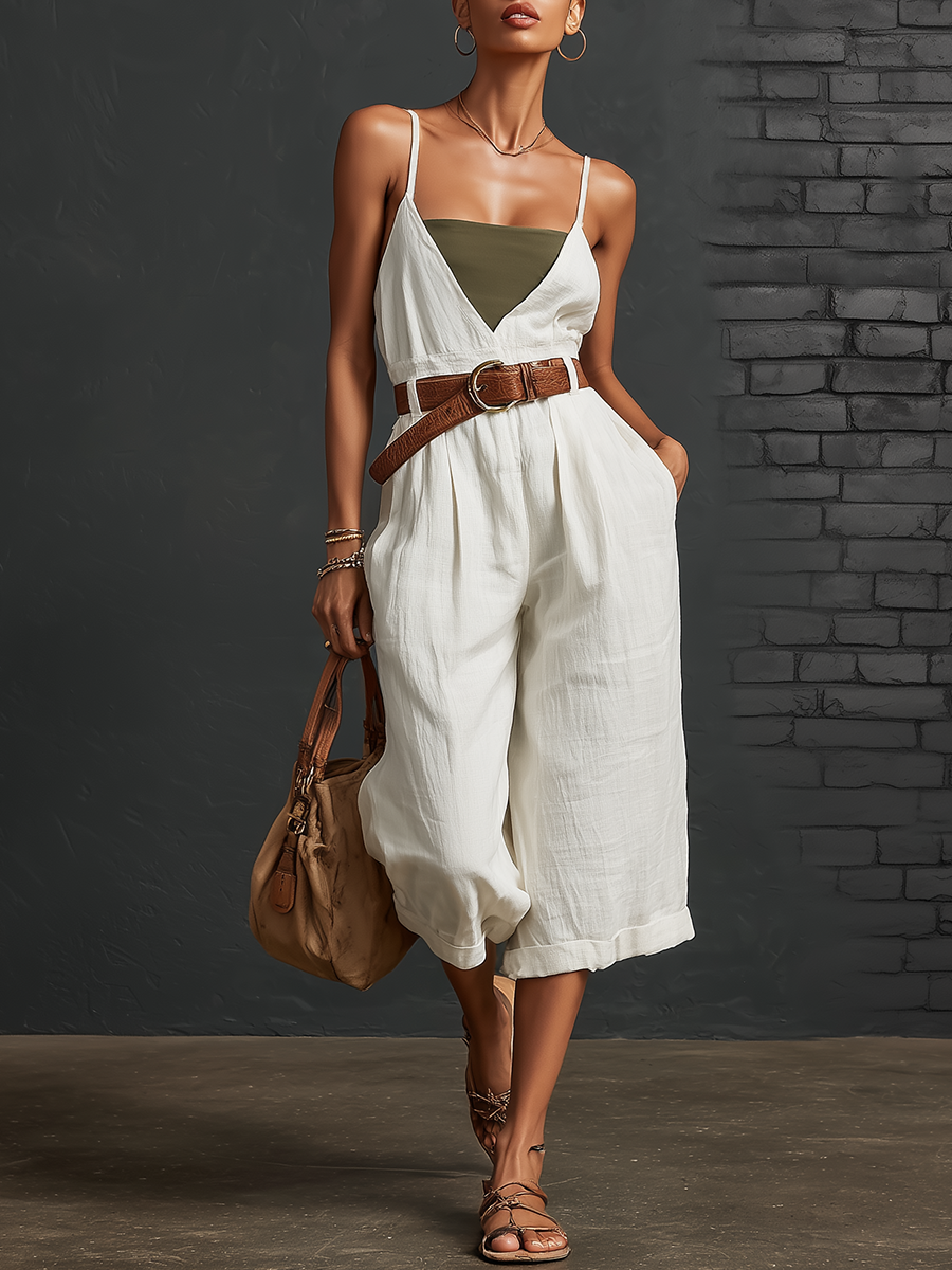 Stylish Minimalist Sleeveless Strappy Green Paneling Brown Belt Cropped White Cotton Jumpsuit
