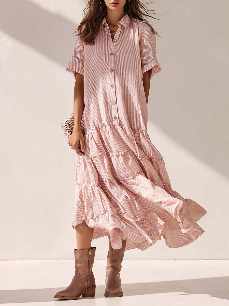 Lazy Fashion Flowing Front-button BBubble Hem Light Pink Striped Shirt-style Maxi Dress