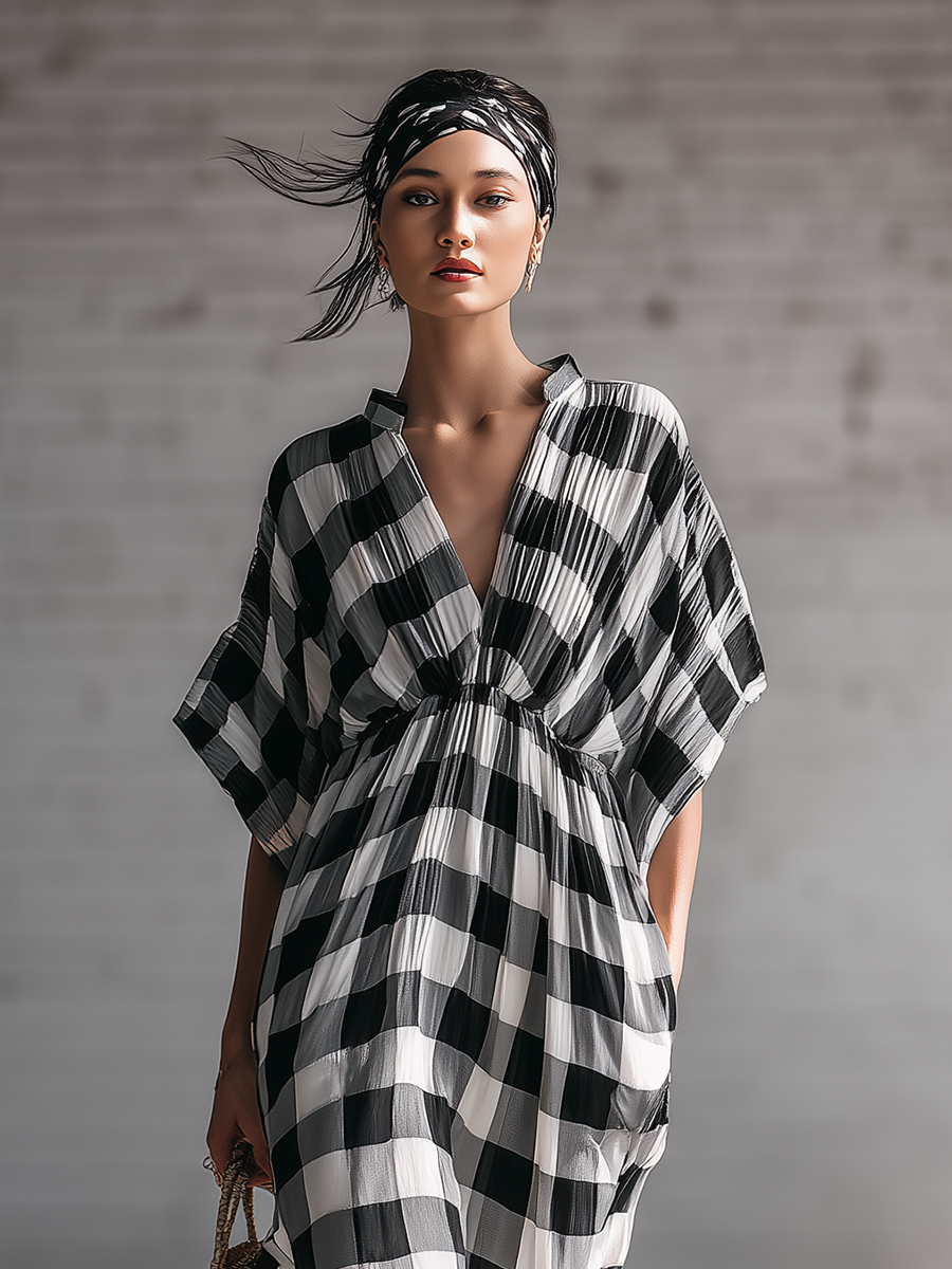 Casual Black And White Chiffon Plaid V-neck Short Sleeved Midi Dress