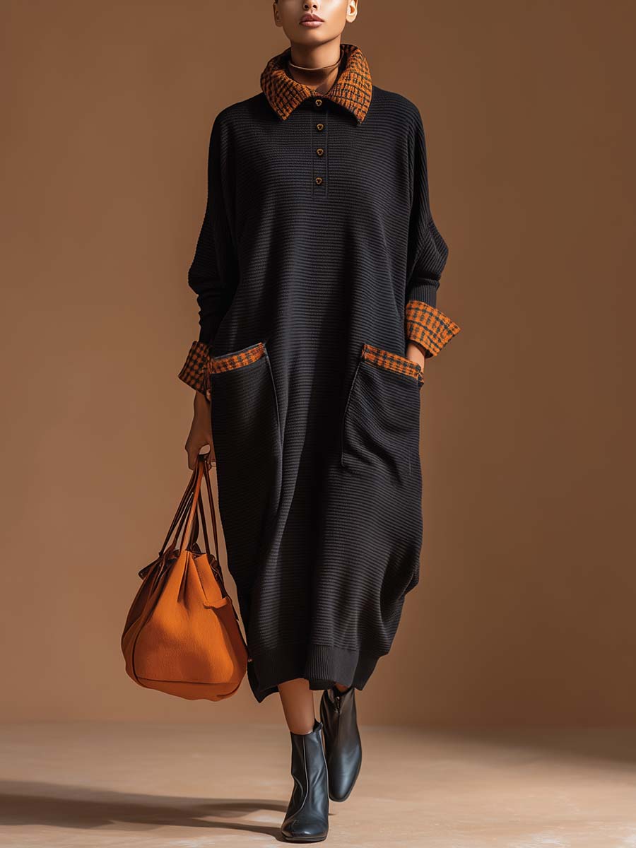 Vintage Exquisite Casual Orange Plaid Polo Collar Large Pocket Black Knitted Midi Dress