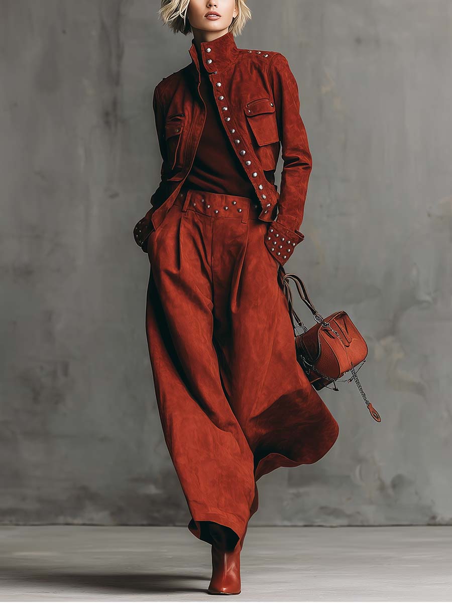 Exquisite Retro Street Crimson Suede Lapel Rivet Decorated Jacket And Wide-leg Pants Set